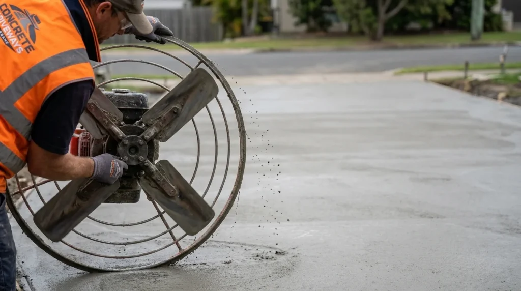 A construction worker using a power trowel for exposed aggregate and decorative concrete surfaces.