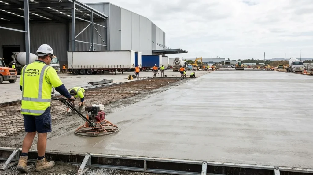 A large crew performing an industrial-scale concrete driveway installation with power trowels and trucks.